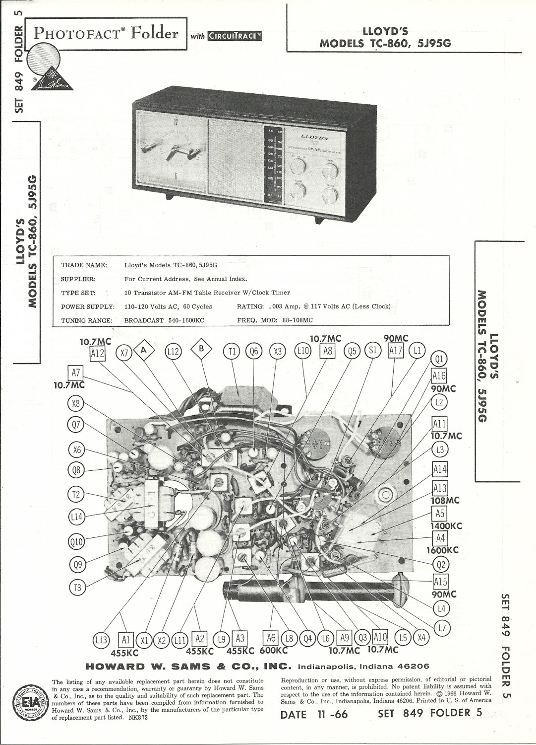 SAMS Photofact - Set 849 - Folder 5 - Nov 1966 - LLOYD'S MODELS TC-860, 5J95G