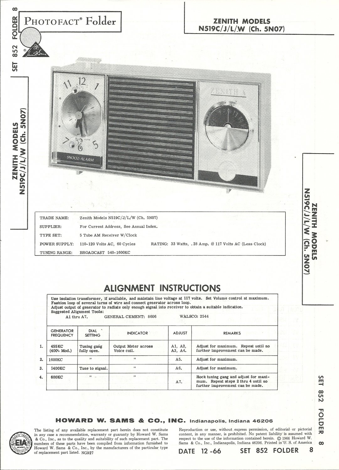 SAMS Photofact - Set 852 - Folder 8 - Nov 1966 - ZENITH MODELS N519C/J/L//W