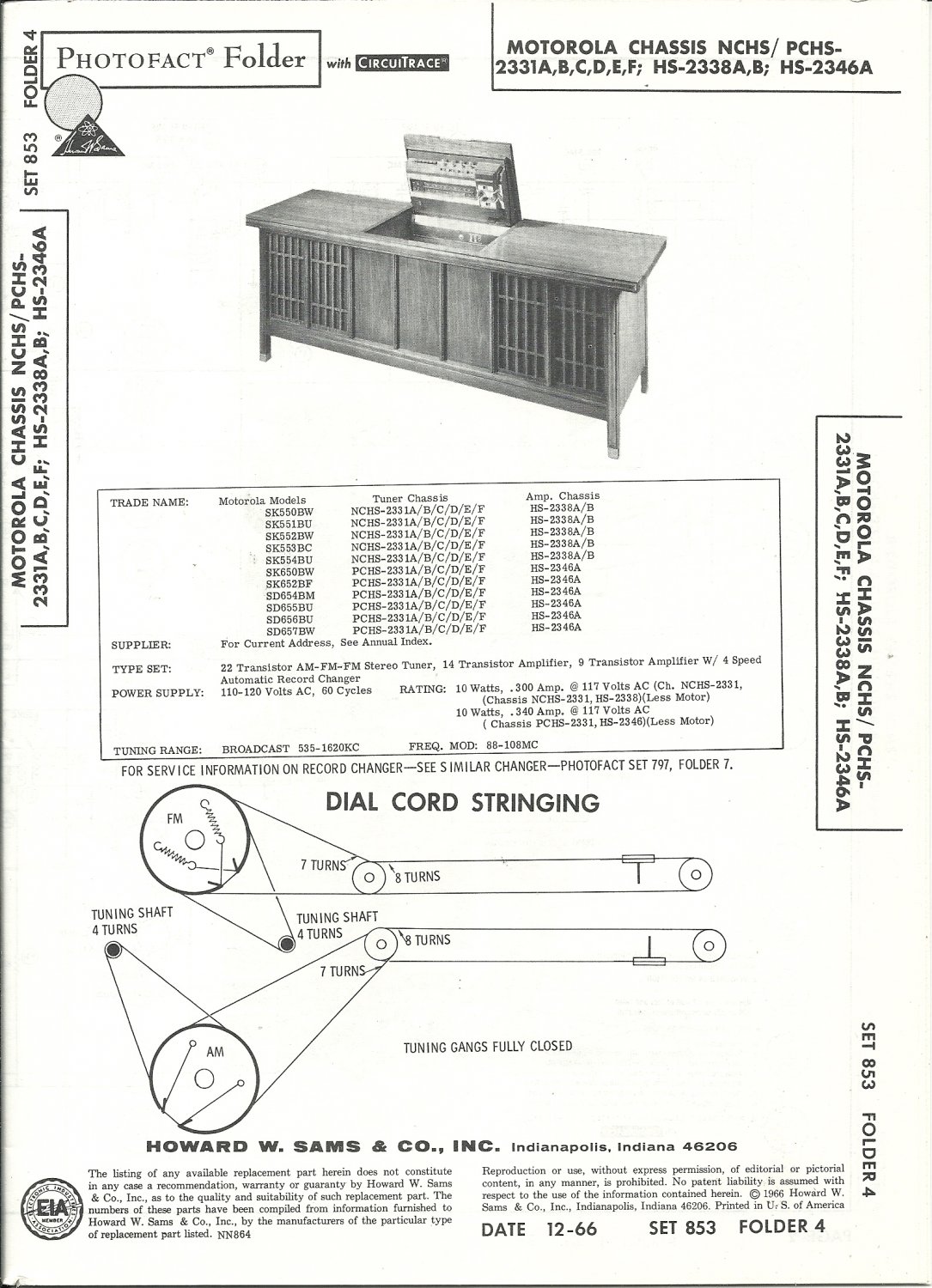SAMS Photofact - Set 853 - Folder 4 - Dec 1966 - MOTOROLA CHASSIS NCHS/ PCHS