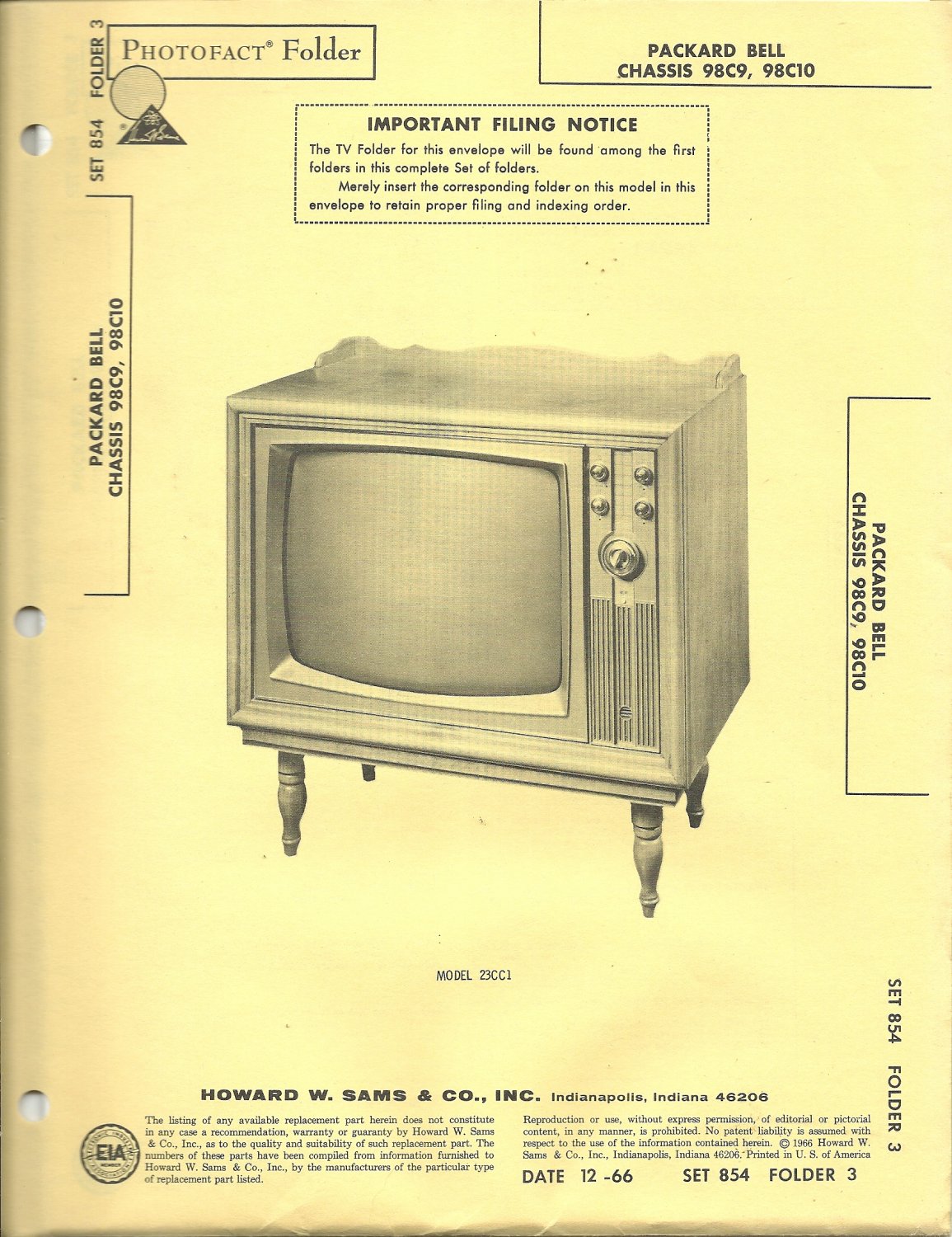 SAMS Photofact - Set 854 - Folder 3 - Dec 1966 - PACKARD BELL CHASSIS 98C9, 98C10