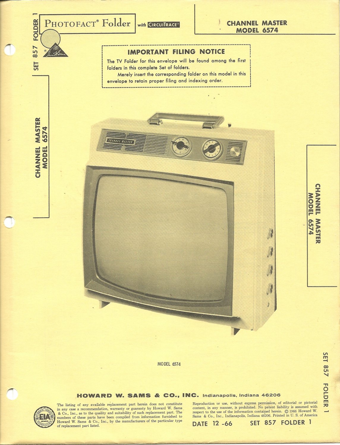 SAMS Photofact Set 857 Folder 1 Dec 1966 CHANNEL MASTER MODEL 6574