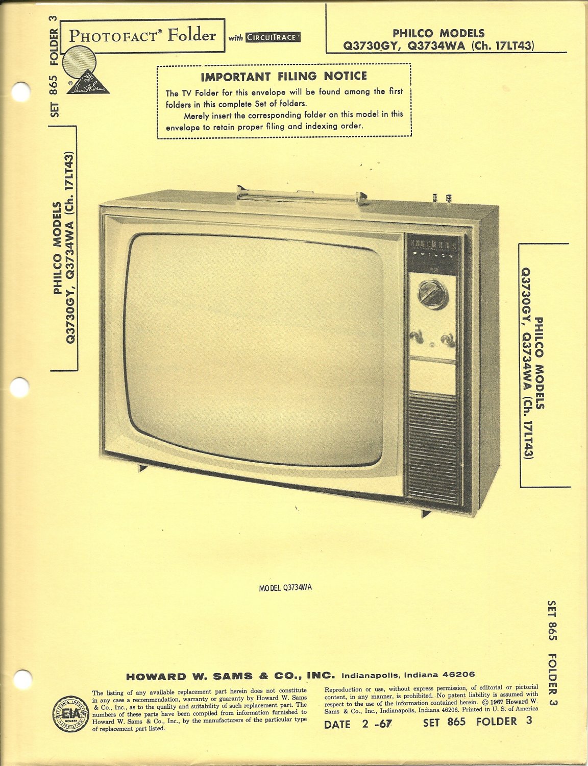 SAMS Photofact - Set 865 - Folder 3 - Feb 1967 - PHILCO MODELS Q3730GY
