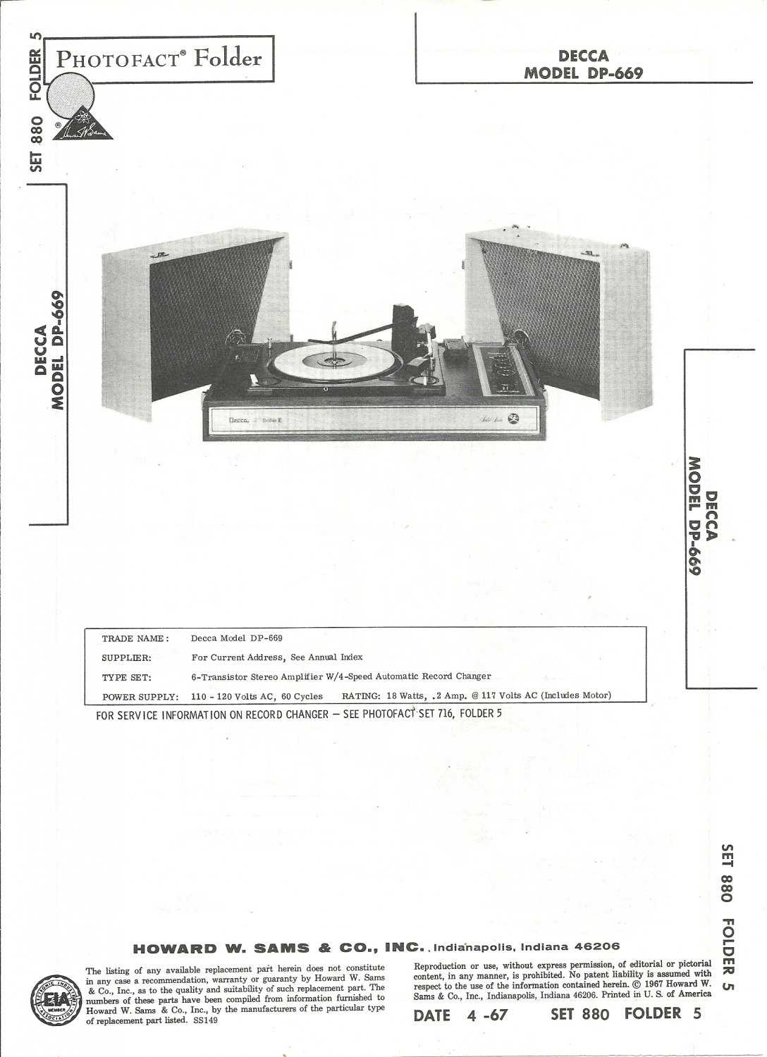 SAMS Photofact - Set 880 - Folder 5 - Apr 1967 - DECCA MODEL DP-669