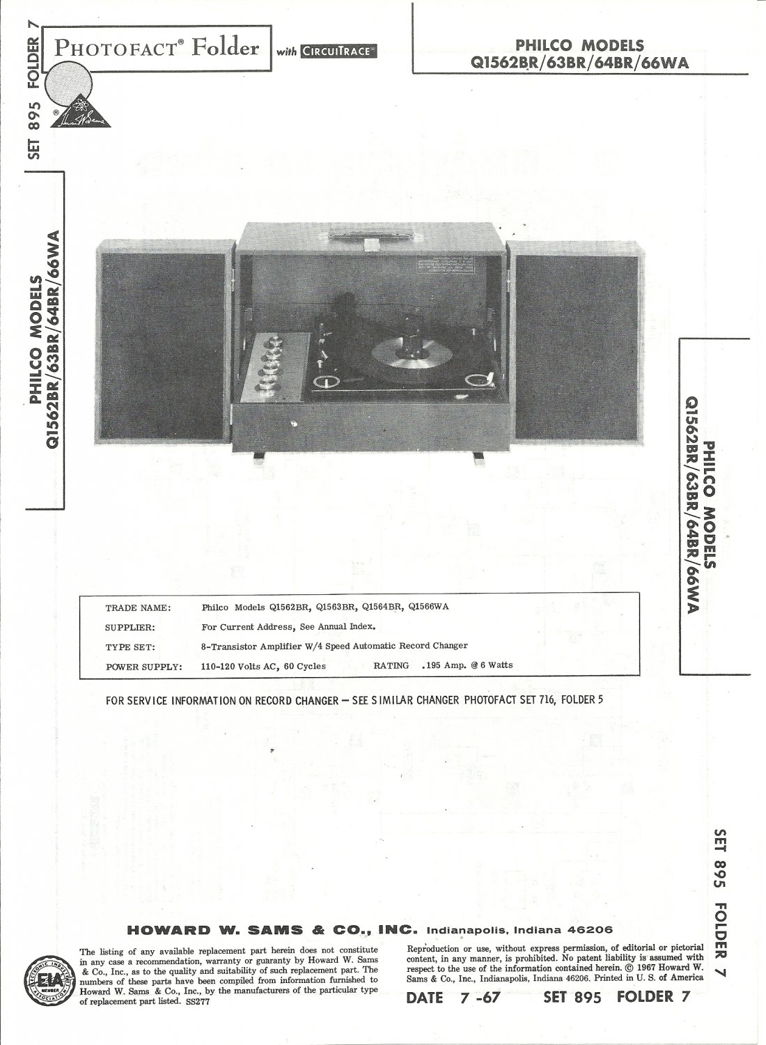 SAMS Photofact - Set 895 - Folder 7 - Jul 1967 - PHILCO MODELS Q1562BR/63BR/64BR/66WA