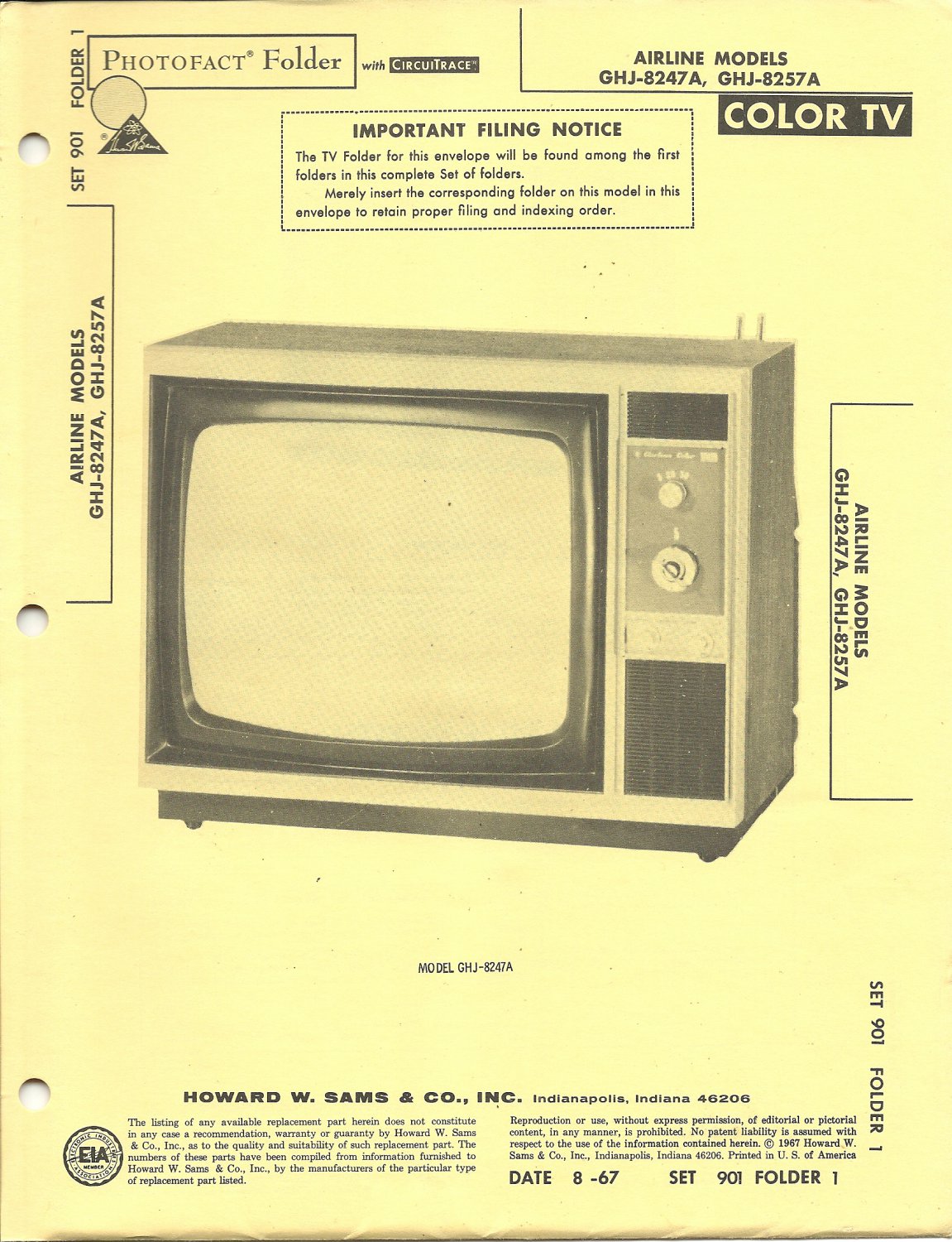 SAMS Photofact - Set 901 - Folder 1 - Aug 1967 - AIRLINE MODELS GHJ-8247A, GHJ-8257A