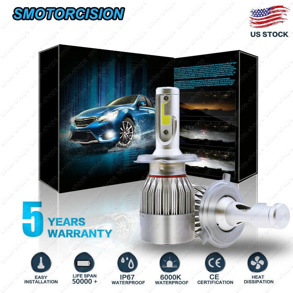 H4 9003 COB LED Headlight Bulbs Conversion Kit High Low Beam 1300W 195000LM HID