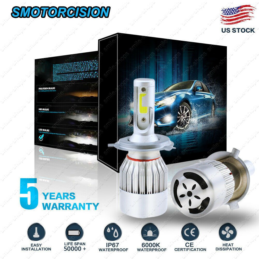 2x COB H4 LED Headlight Bulb Ice Blue 1300W 195000LM Kit 6000K Hi-Low Beam Bulbs