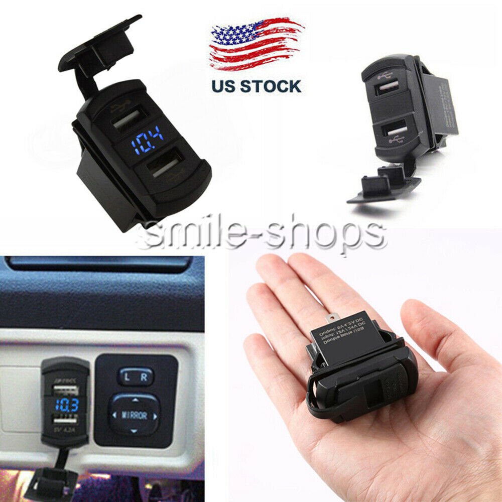Car SUV Blue LED Boat  Voltmeter With Dual USB Port Charger Waterproof 12V/24V