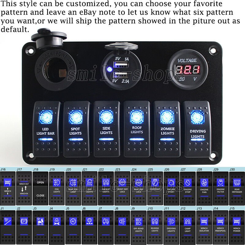 Waterproof 6 Gang Blue LED Switch Panel Circuit Braeker for 12V Car Boat Marine