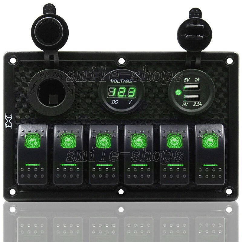 Waterproof 6 Gang Green LED Switch Panel Circuit Breaker 12V 24V Car Boat Marine
