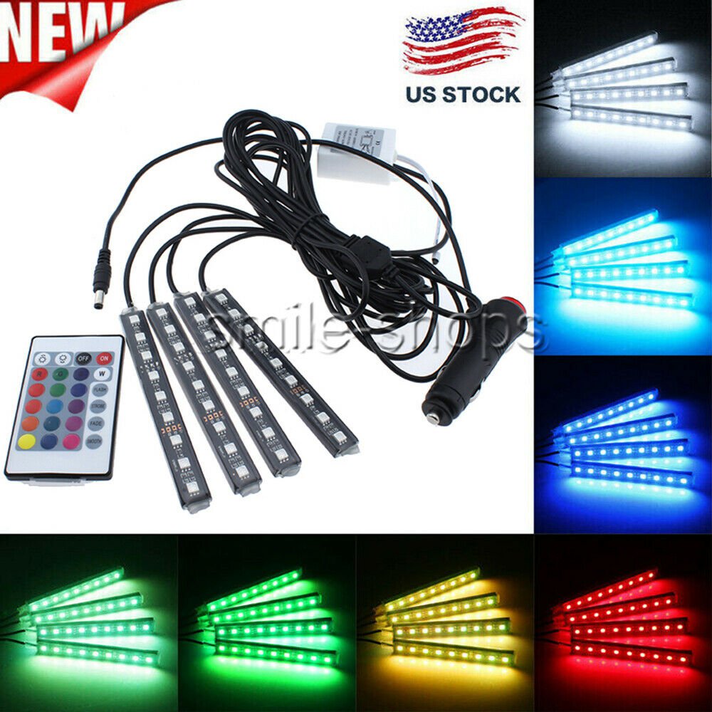 4x 9LED IR Remote Control Colorful RGB Car Interior Floor Atmosphere Light Strip