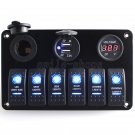Great 12V 6 Gang Circiut LED Rocker Switch Panel Breaker Voltmeter USB Charger