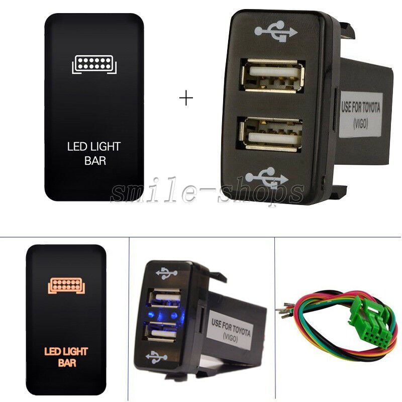 Push Switch Orange LED Light Bar + 5V Dual USB Charger For Toyota FJ Cruiser