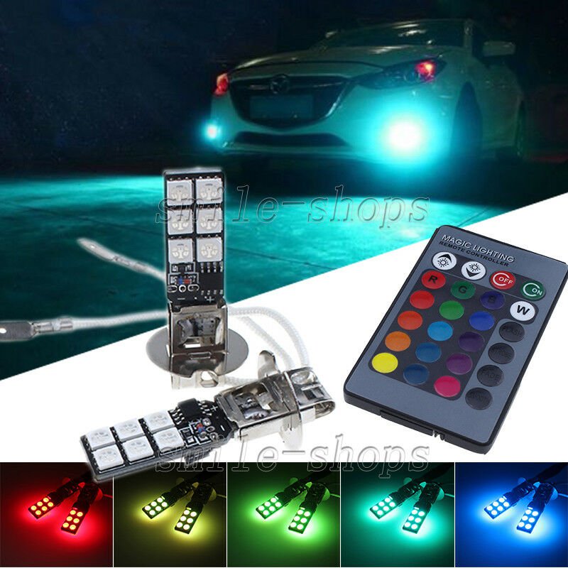 2pcs H3 12-SMD RGB LED Bulbs For Fog Light Parking Lamp DRL Yellow Blue Green