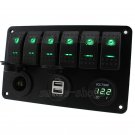 6 Gang Car Boat Green LED Rocker Switch Panel Breaker Dual USB Charger Voltmeter