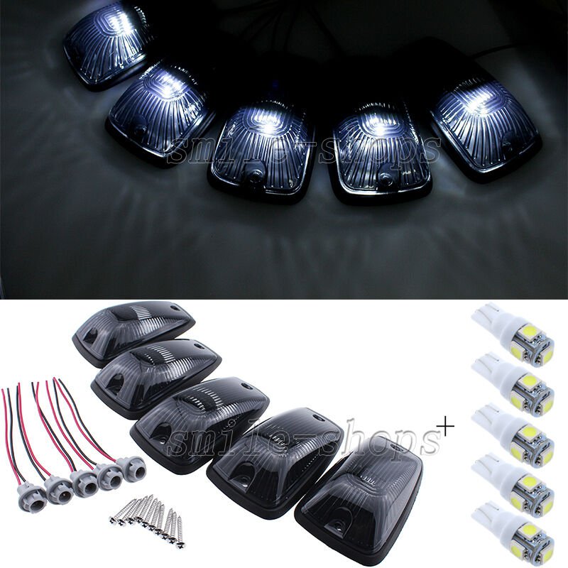 5pcs Roof Light Cab Marker Smoke Covers+T10 White LED Bulb for Chevrolet/GMC C/K