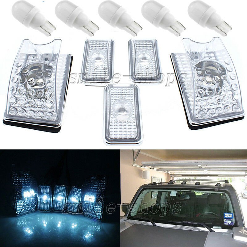 5pcs Clear Roof Cab Marker Cover & T10 Ice Blue Ceramic Bulb for 03-09 Hummer H2