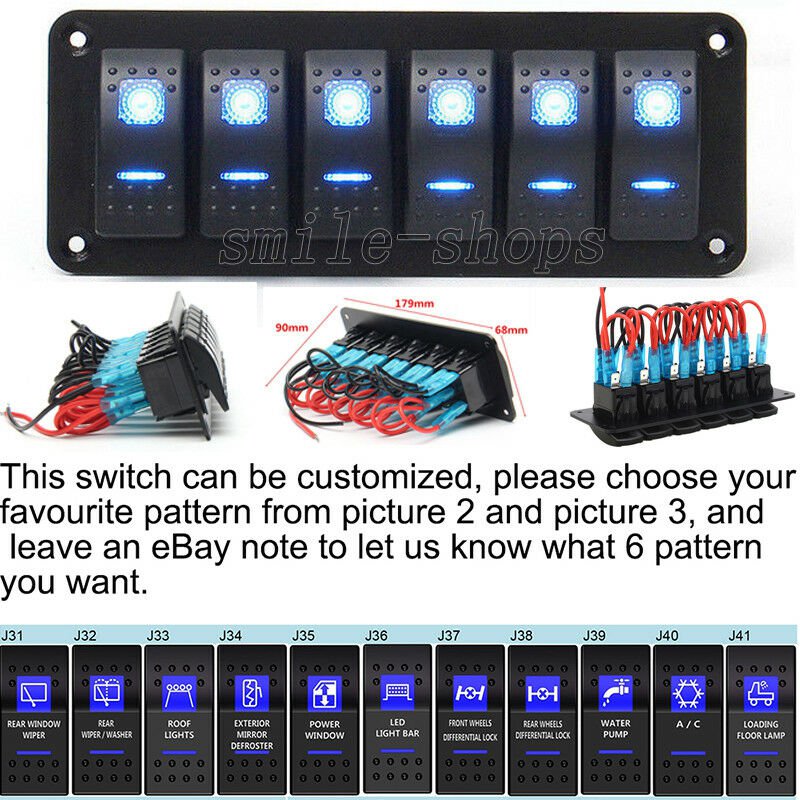 6 Gang Blue LED Rocker Switch Panel Waterproof 12/24V Circuit Breaker Car Boat