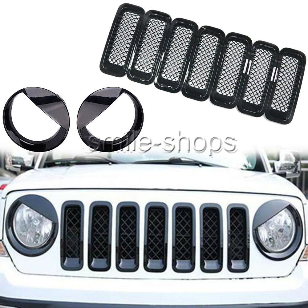 9X Black Chrome Front Grille Grill + Headlight Cover Trim For 11-17 Jeep Patriot