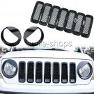 9X Black Chrome Front Grille Grill + Headlight Cover Trim For 11-17 Jeep Patriot