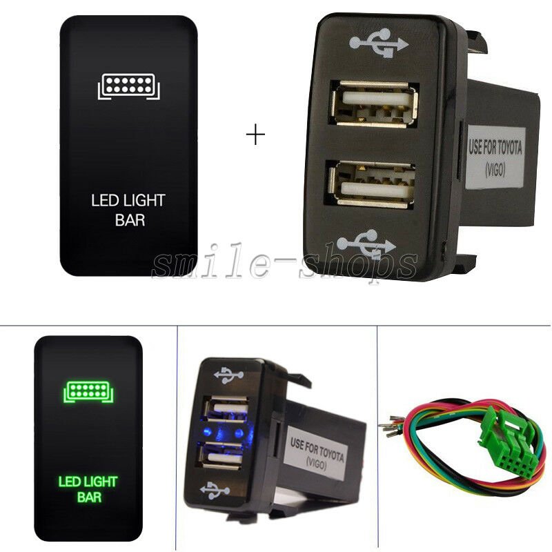 40mm*20mm Push Switch Green LED Light Bar + Dual USB For Toyota 4Runner Tacoma