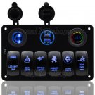 12V/24V 6 Gang Blue LED Rocker Switch Panel Breaker Voltmeter Dual USB Charger