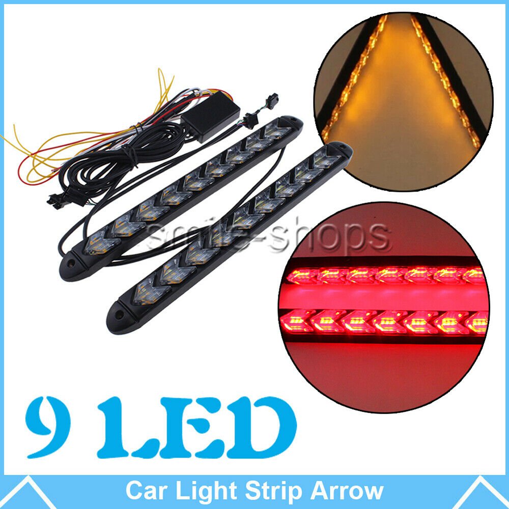 2x 9-LED Sequential Flasher Turn Signal Light Amber Red Switchback Arrow Strips