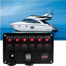 6 Gang Car Boat Red LED Rocker Switch Panel Breaker Dual USB Charger Voltmeter