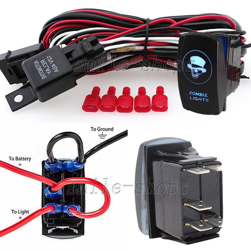 12V On/Off Blue Laser Zombie Light Rocker Switch Kit with Relay Wiring Harness