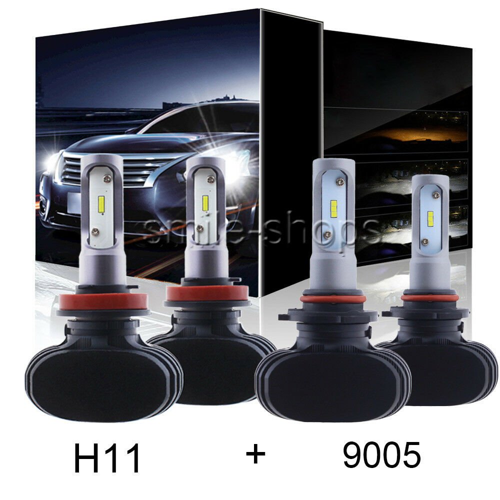 9005 H11 4PCS LED Total 100W Combo Headlight High Low Beam 6000K White Kit Bulb