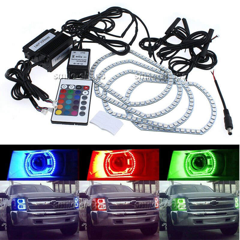 4pcs LED Multi-Color RGB Angel Eye Halo Ring For 2007-2014 GMC Sierra w/ Remote