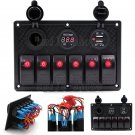 12V 6 Gang Red LED RV Car Marine Boat Rocker Switch Panel USB Charger Voltmeter