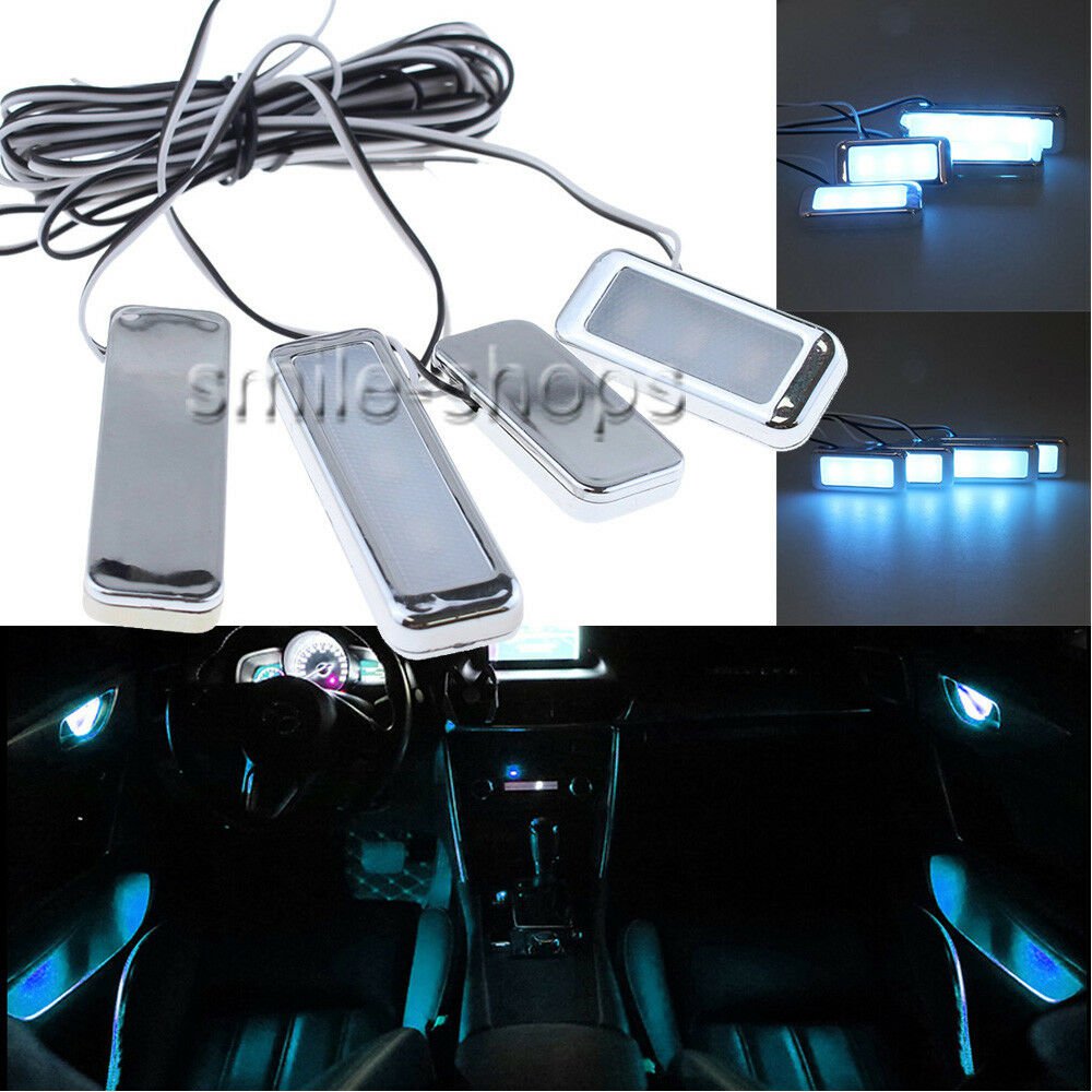 4Pcs Ice Blue LED Inner Door Handle Bowl Armrest Interior Atmosphere Decor Light