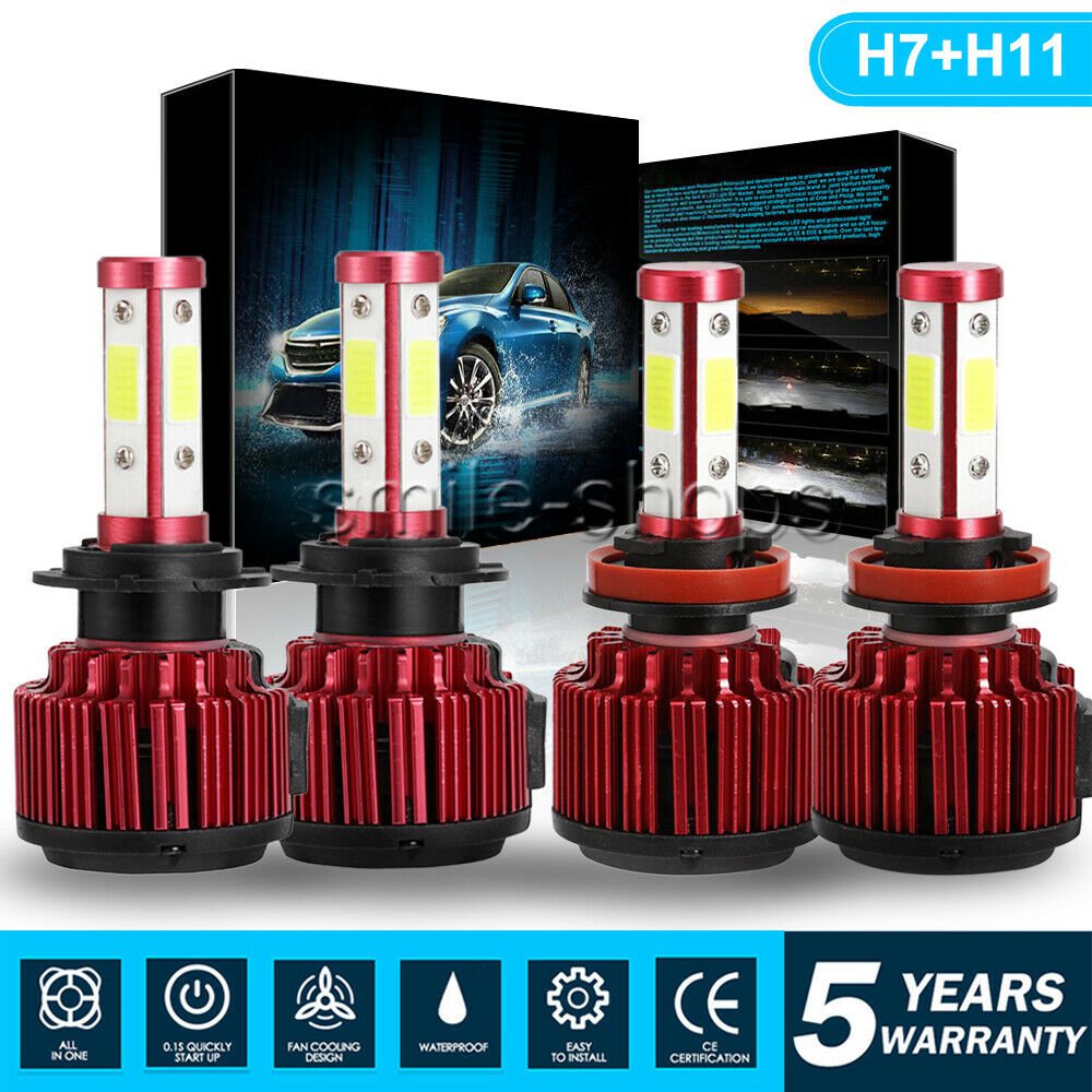Combo H11 H7 LED Headlight Bulbs Kit High Low Beam Total 3600W 540000LM 6500K 4x