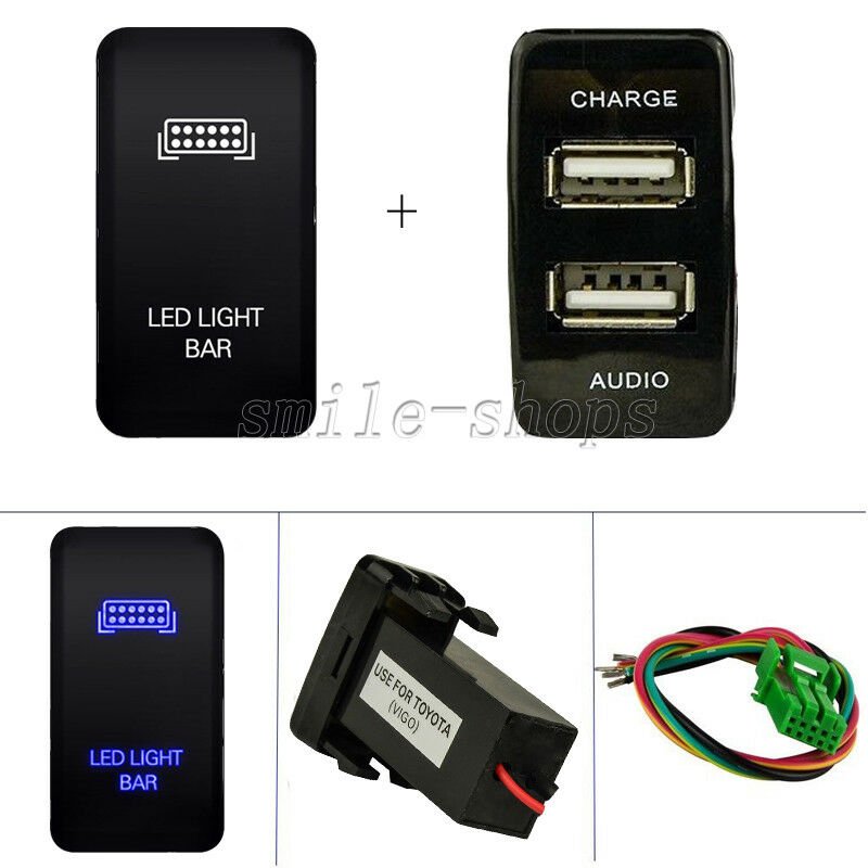 Push Switch Blue LED Light Bar + 5V 2.1A Dual USB For Toyota FJ Cruiser Fortuner