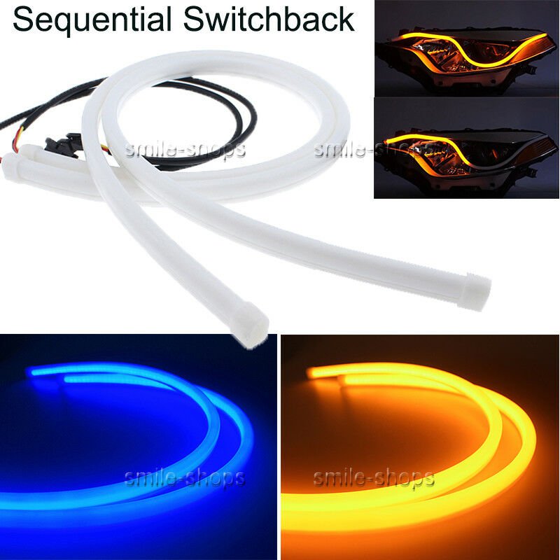 2x Switchback Car DRL LED Light Strip Kit Tube Sequential Turn Signal Blue/Amber