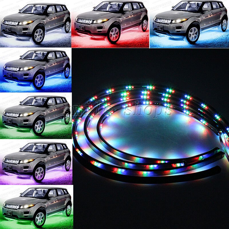 4x 7Color 12W LED Strip Under Car Tube Underglow Underbody System Neon Light Kit