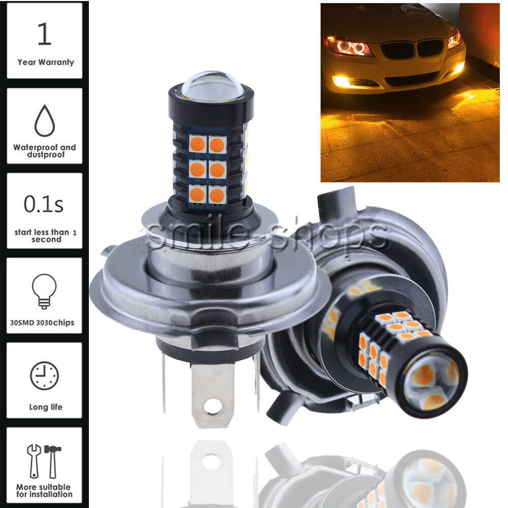 2pcs H4 9003 HB2 LED Bulb 30SMD 3030 Car Fog Light Lamp DRL Driving Yellow/Amber