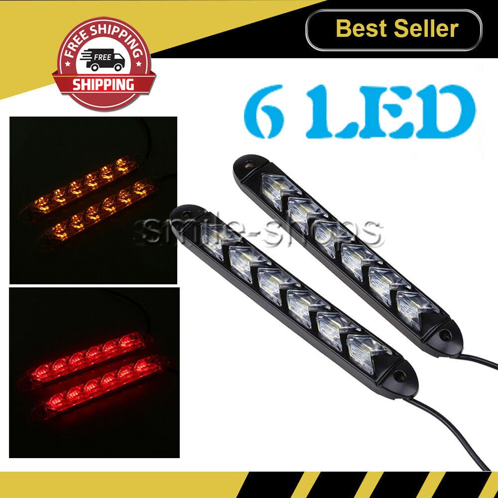 2pcs Car Flowing 6-LED Light Strip Arrow Flasher DRL Turn Signal Lamp Red/Amber