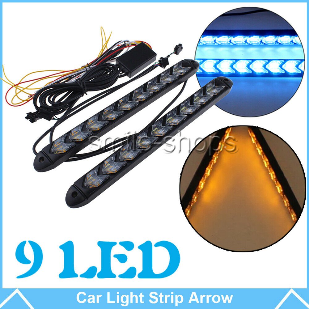 Car Flowing 9-LED Light Strip Arrow Flasher DRL Turn Signal Lamp Ice Blue/Amber