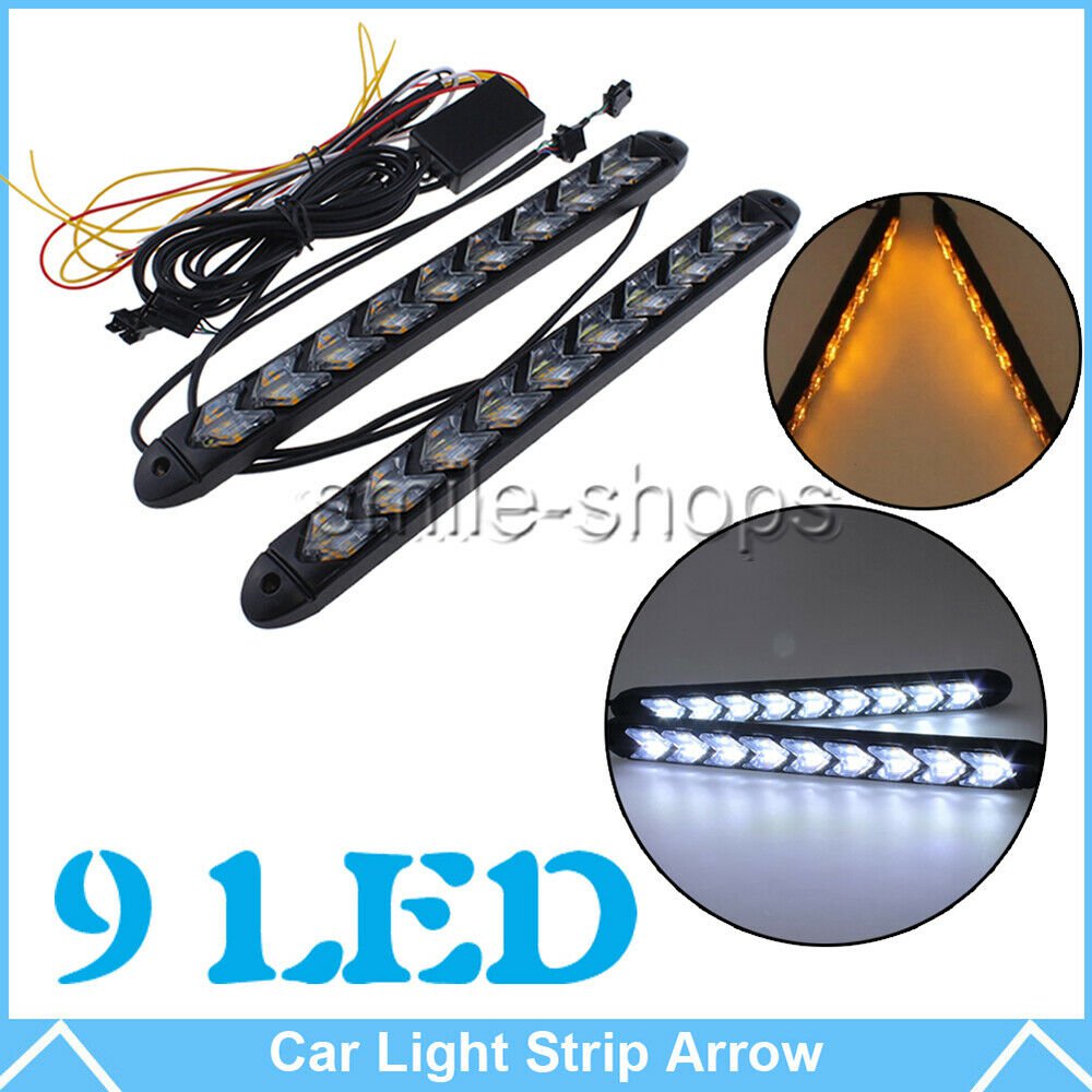 2x 9-LED Sequential Flasher Turn Signal Light Amber White Switchback Arrow Strip