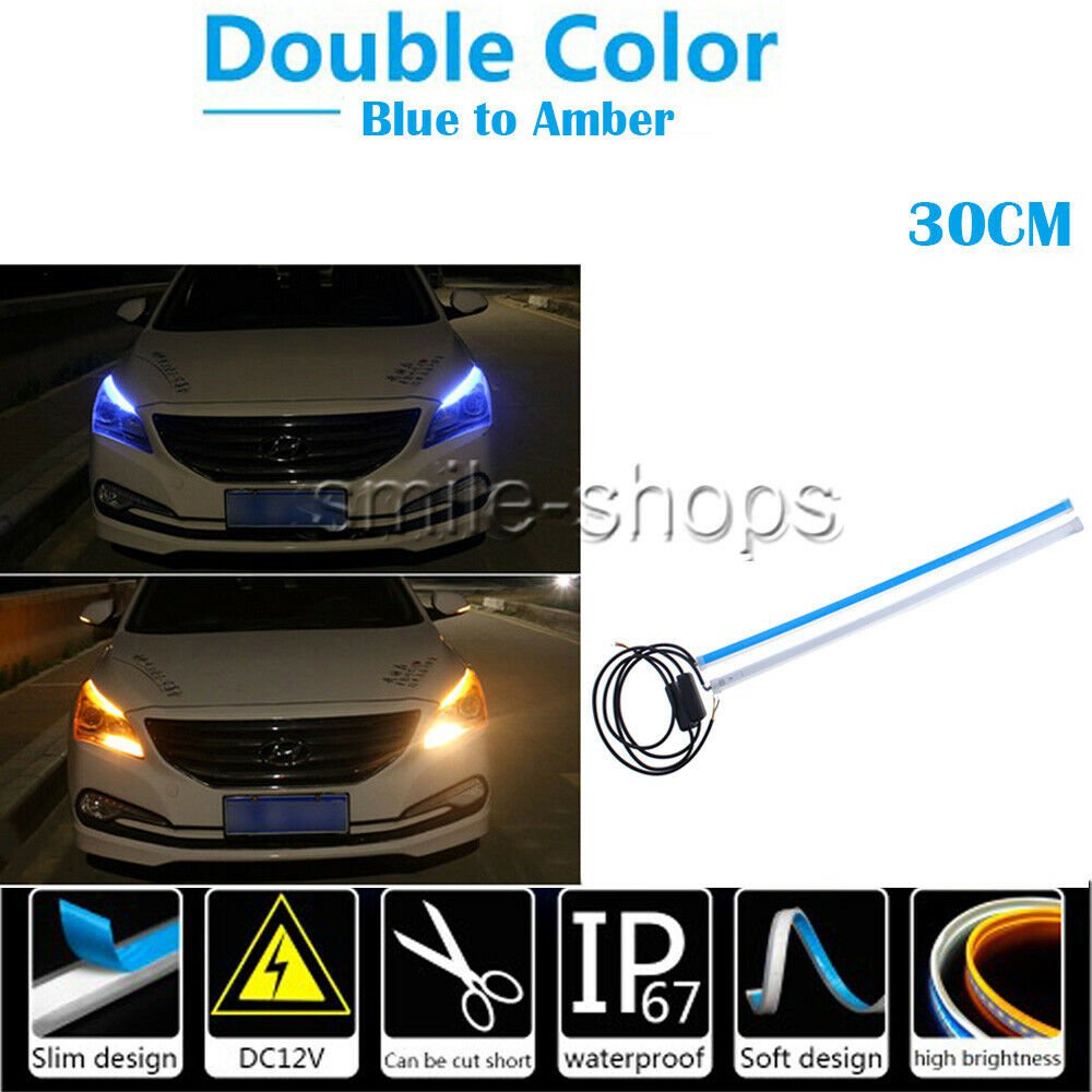 30CM Blue Flexible Soft Tube Blue Amber Light Guide LED Headlight Strip DRL 12V