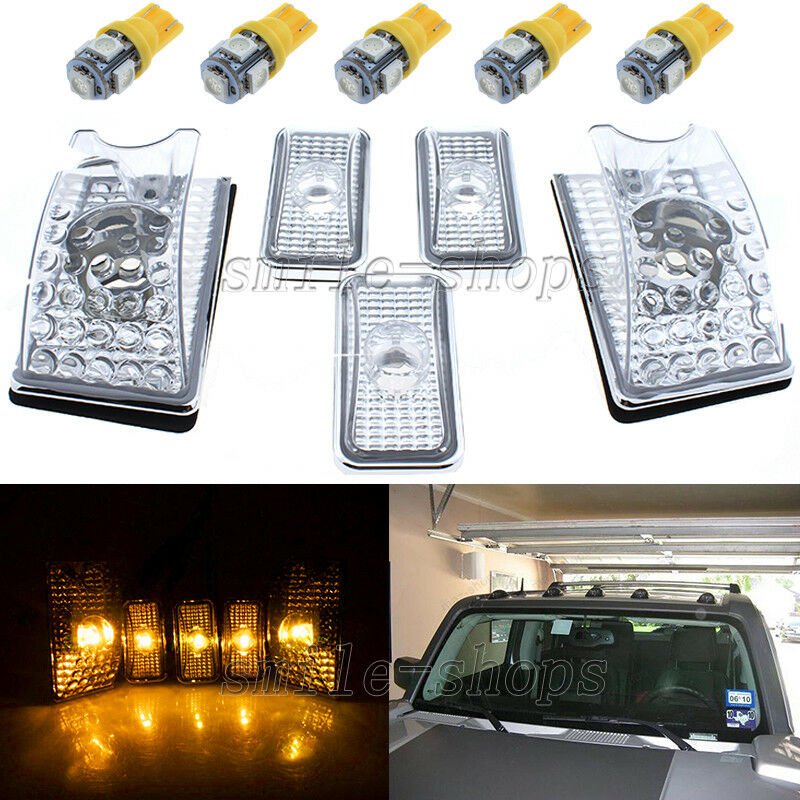 5pcs Clear Roof Cab Marker Cover & T10 Amber LED Light Bulbs for 03-09 Hummer H2