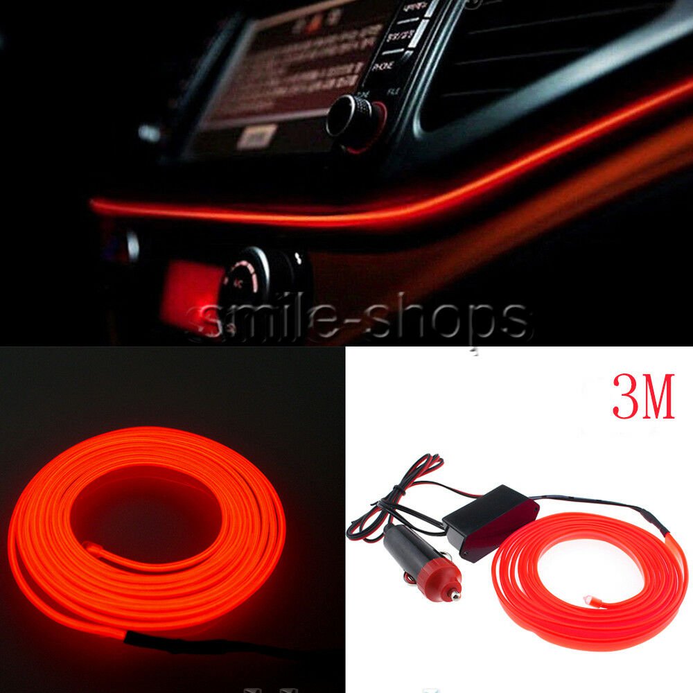 3M Red Car Interior LED Trim Door Panel Decorative Atmosphere Cold Light Strip