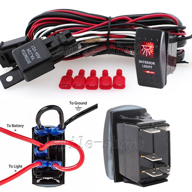 12V On/Off 5 pins Red Interior Light Rocker Switch Kit with Relay Wiring Harness