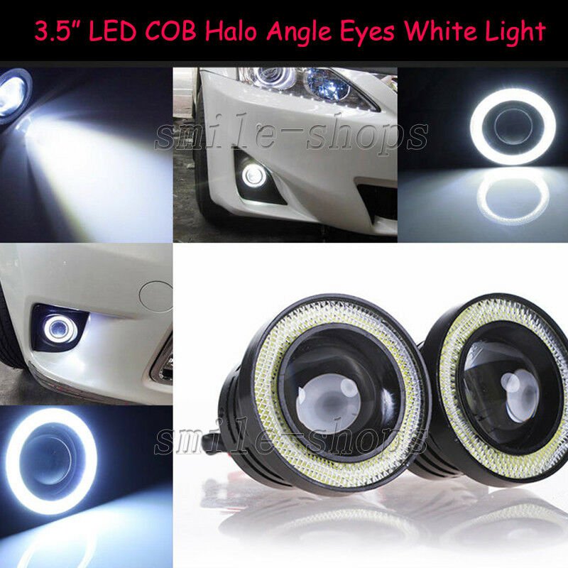 3.5" 20W LED Projector White Fog Light With Angle Light Halo Rings DRL Bulbs