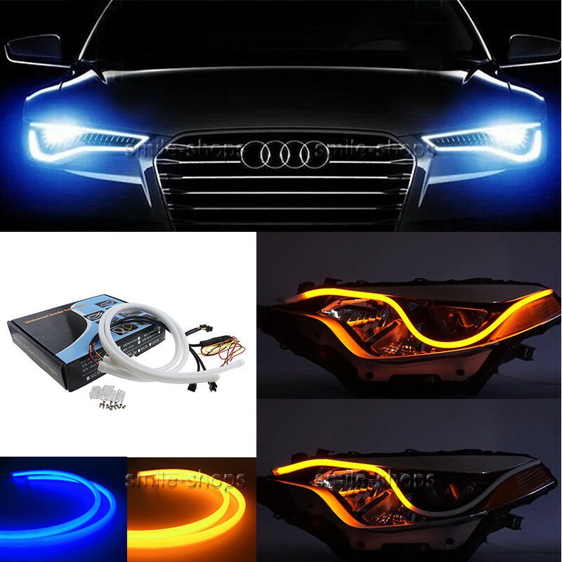 2pcs Car DRL Turn Signal Light Strip Amber Sequential Switchback LED Tube Lamp
