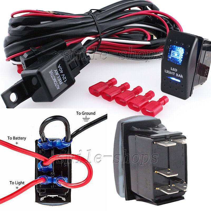 12V On/Off 5 pins Blue LED Light Bar Rocker Switch + Wiring Harness Relay Fuse