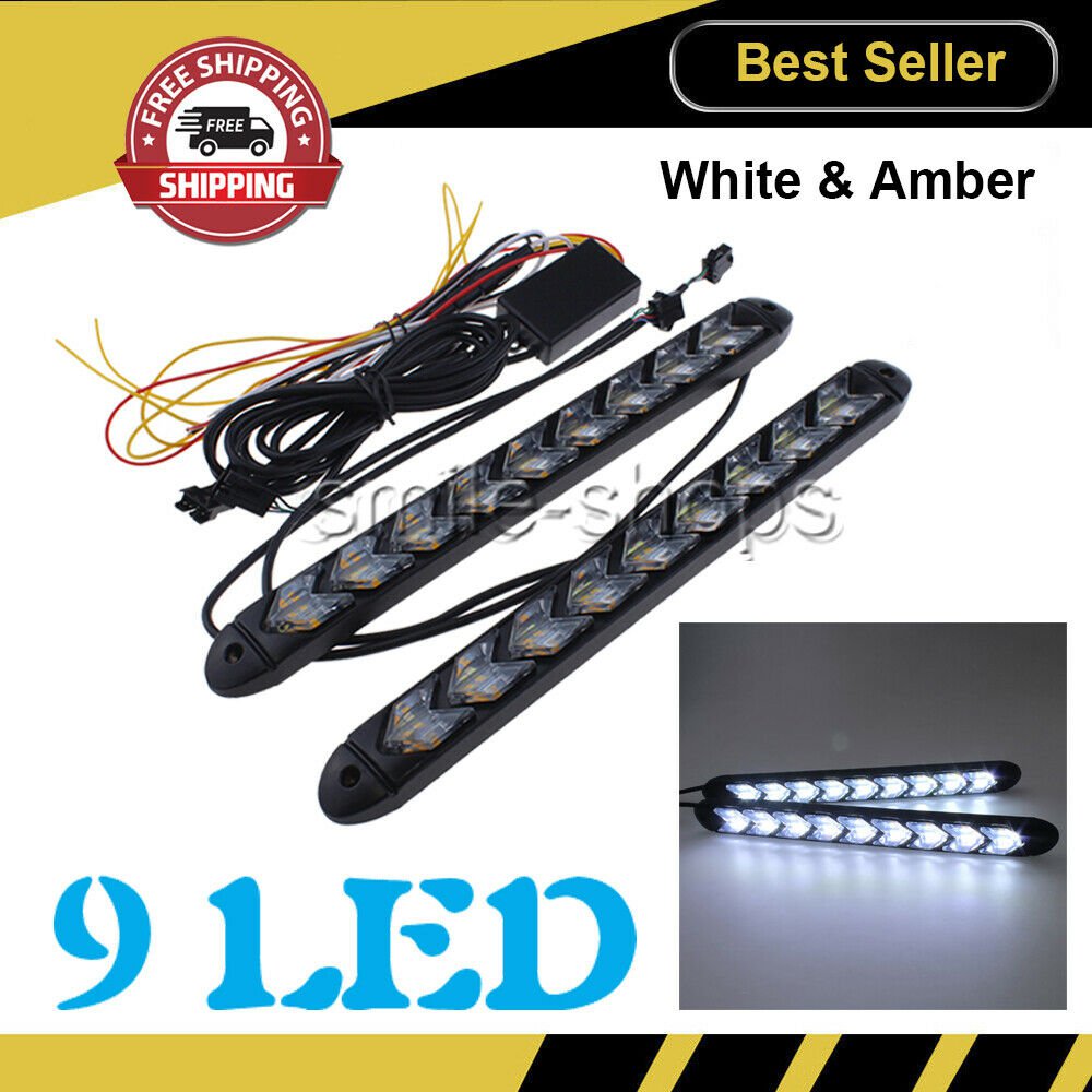 Car White Flowing 9-LED Knight Strip Light Arrow Flasher DRL Turn Signal Amber