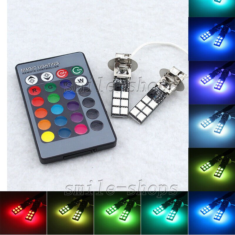2pcs RGB Multi-Color Remote Control H3 12-SMD LED Bulbs For Fog Driving Lights